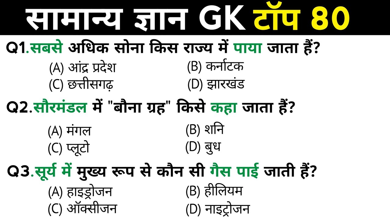 सामान्य ज्ञान | General Knowledge | Top 80 Gk GS questions | SSC GD, MTS, RPF, CRPF | GK quiz