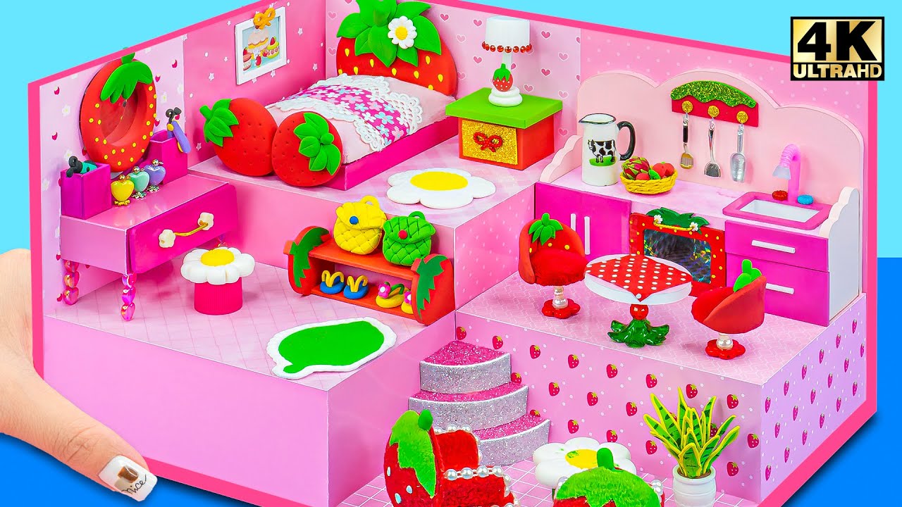 DIY 🍓 Pink Strawberry Miniature House with Cute Bedroom, Kitchen - DIY Miniature Cardboard House