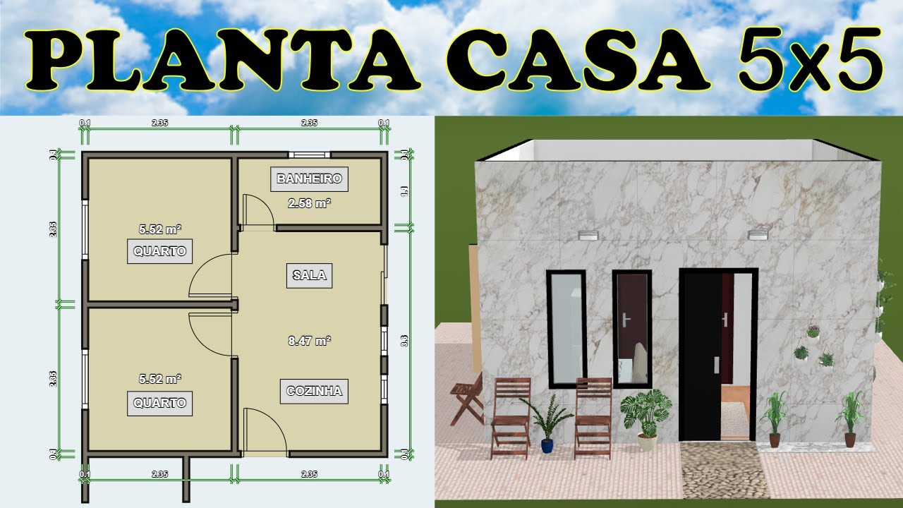 Planta Casa 5x5 com 2 Quartos - 25m²