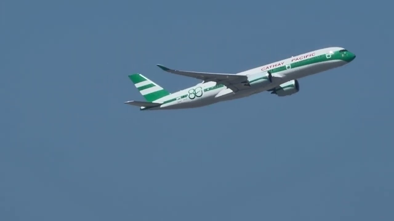 Cathy 80th anniversary Livery Airbus A350 takeoff at Hong Kong International Airport