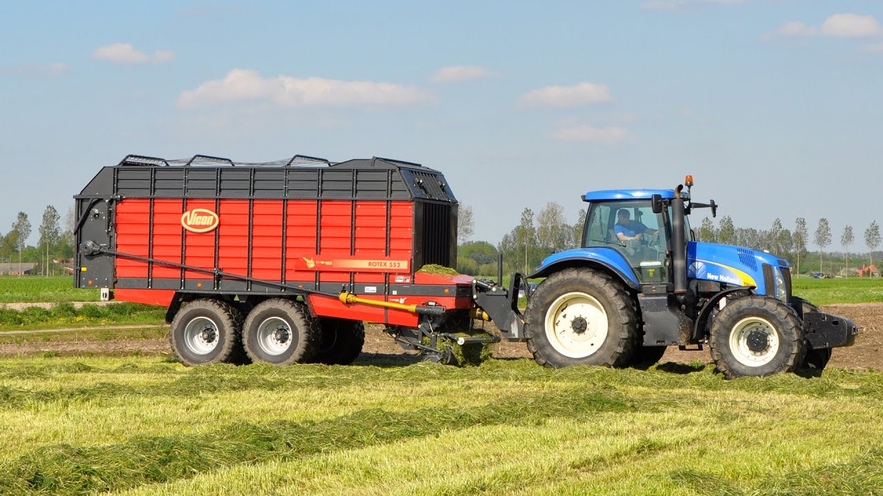 Loonwerk Neyt-Van Laere - NH T8040 & Vicon Rotex 552 - gras opraapwagen