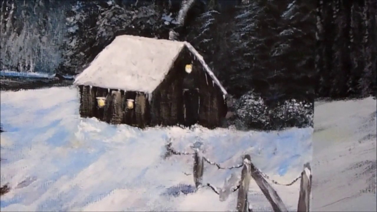 How to Paint a Winter Cabin Lesson 2 with acrylic paint, Cabin, Lake, fir trees., snow, step by step