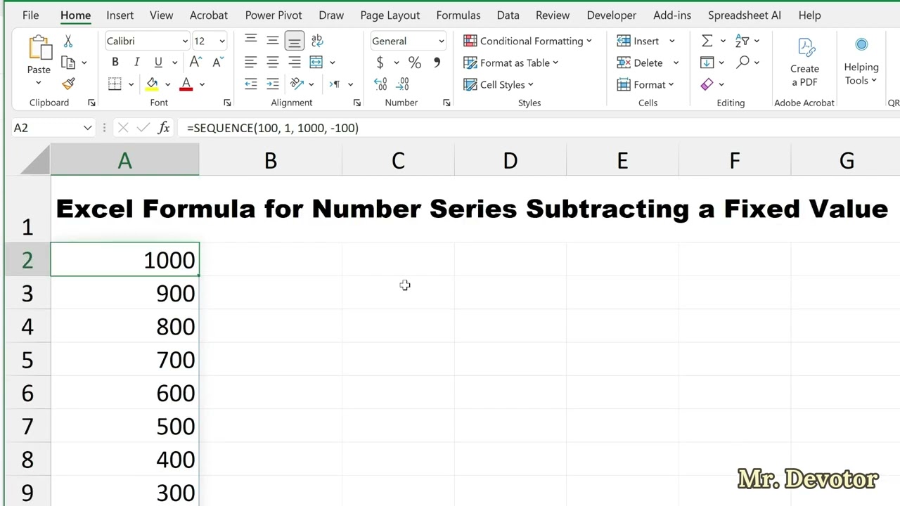 Excel Formula for Number Series Subtracting a Fixed Value