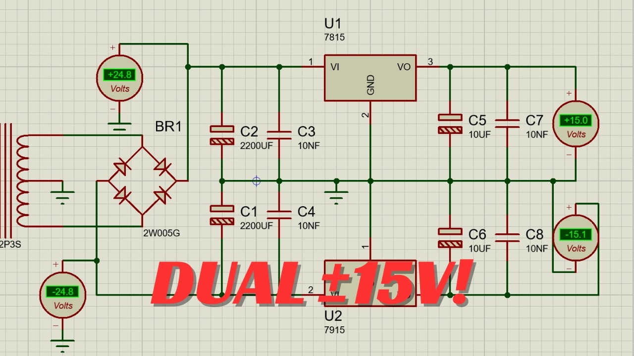How to Build a 15V Dual Power Supply Using 7815 & 7915 Regulators in Proteus | Step-by-Step Tutorial