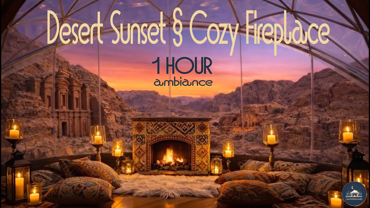 Petra Sunset Ambience 🏜️ Fireplace & Ethnic Relaxing Music | Cozy Desert Dome (1 Hour)
