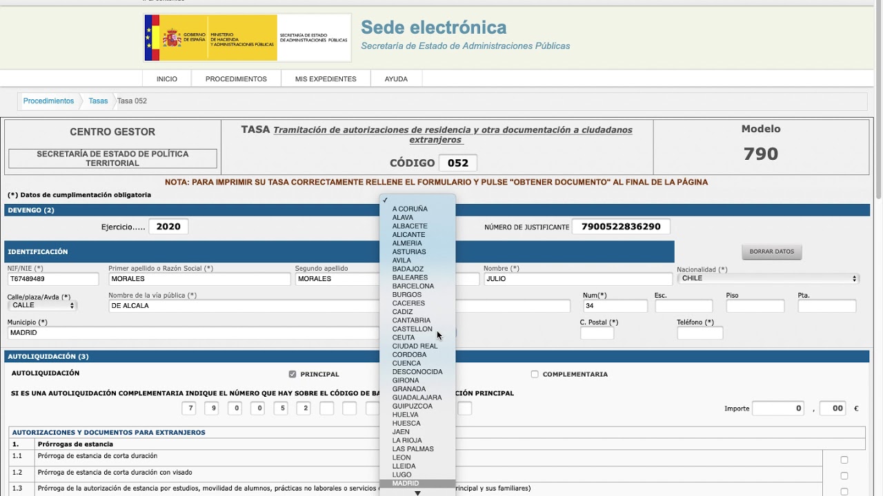 Tasa 790 052 Residencia de búsqueda de empleo