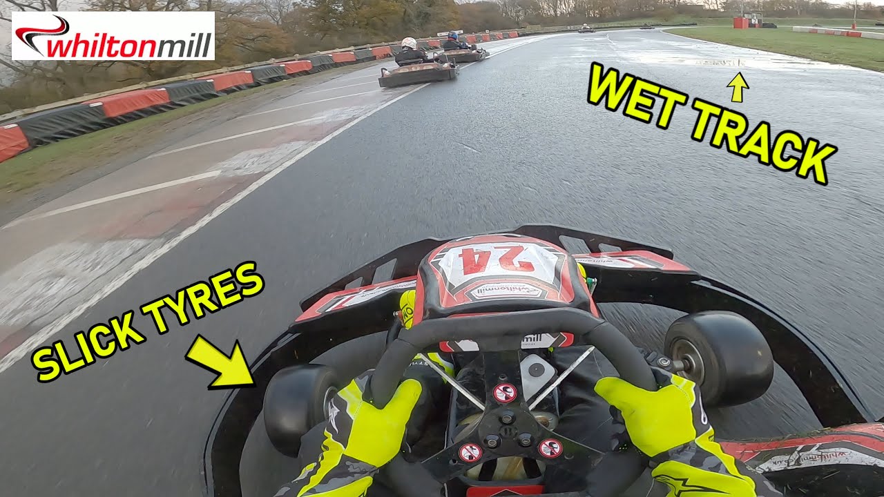 SLICK tyres, WET track, What could possibly go wrong?? Whilton Mill - Go Karting - Spins and fails