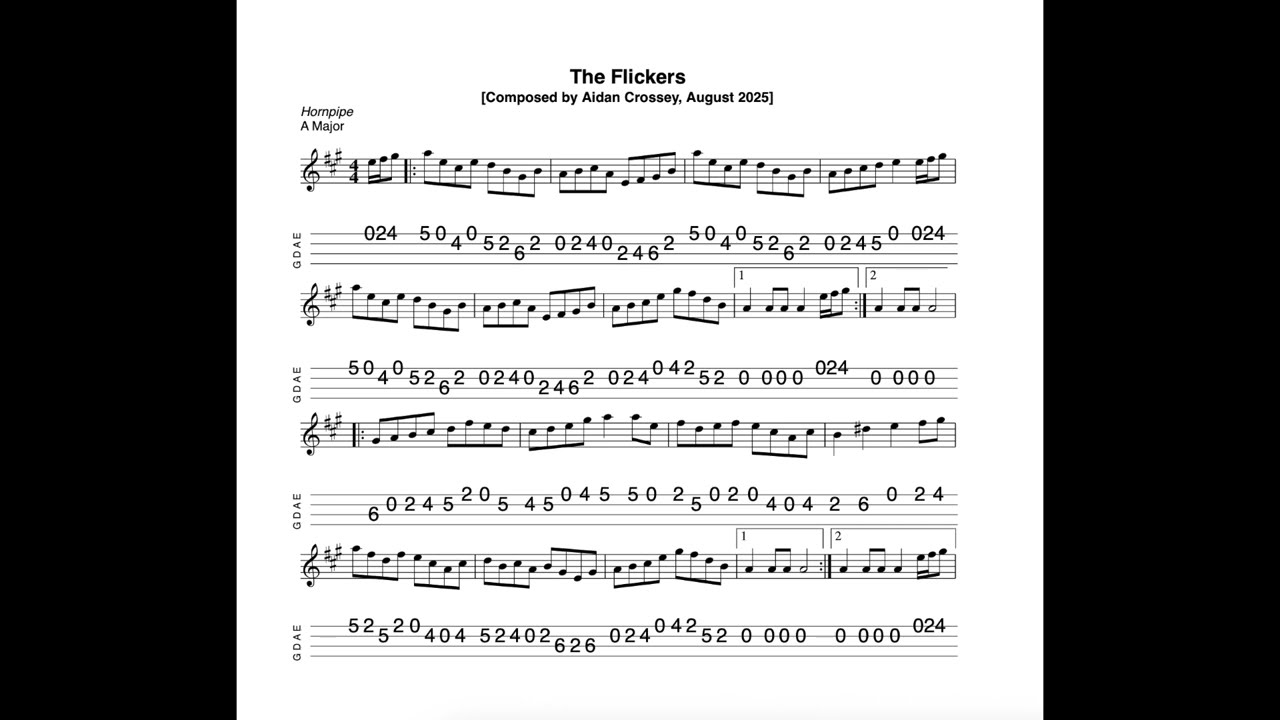The Flickers - a hornpipe in A Major composed, tabbed for mandolin and played by Aidan Crossey