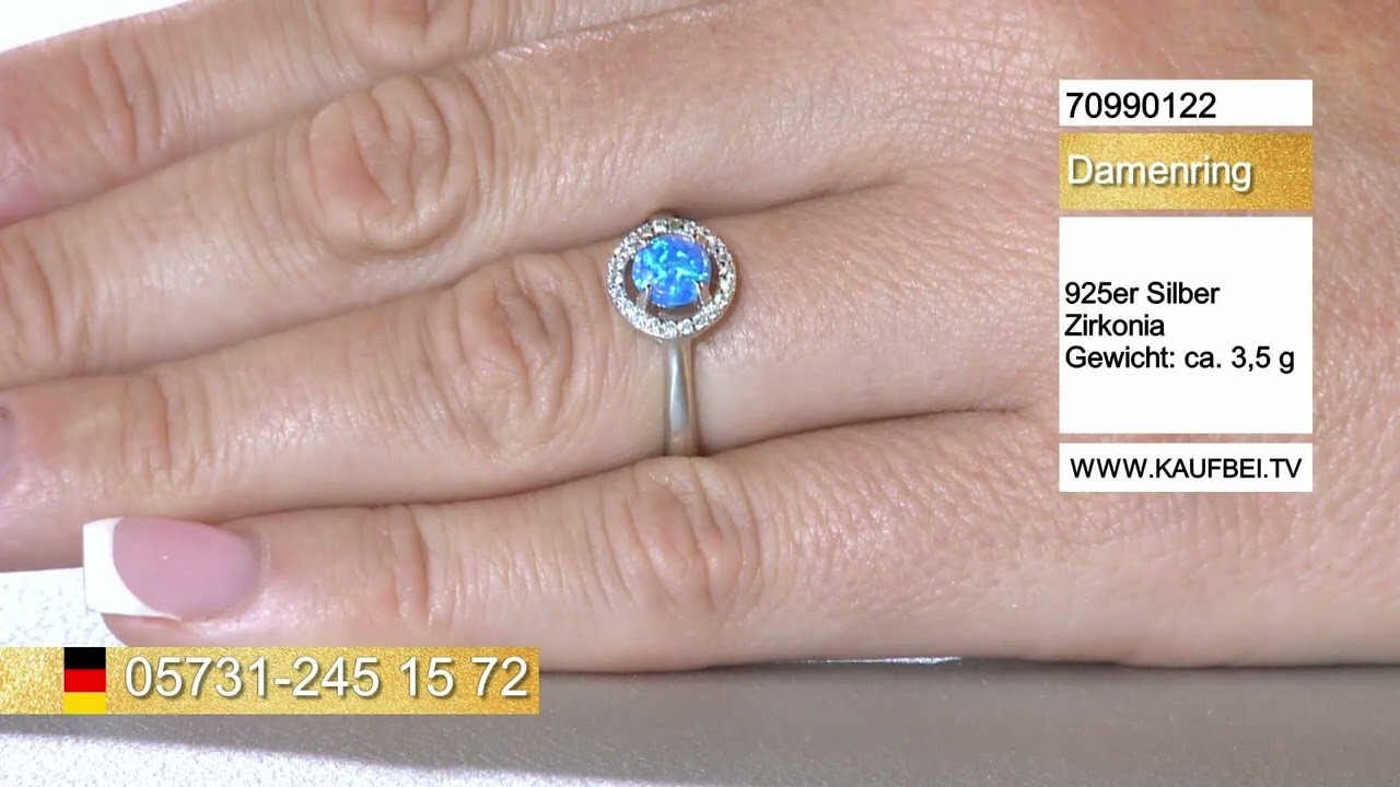 Kaufbei Schmuck | Damenring aus 925 Silber mit blauem Opal und Zirkonia