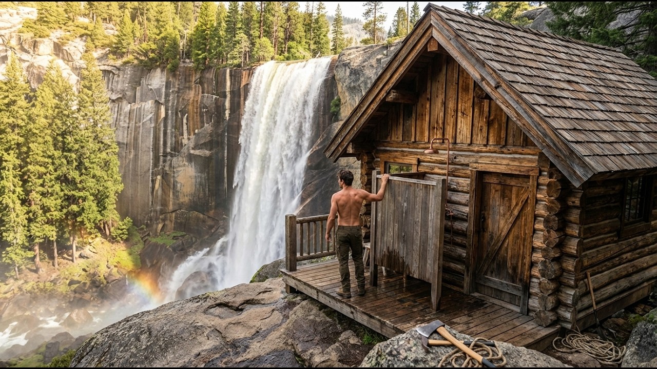 Building A Log Cabin With An Outdoor Shower On A Cliffside Facing A Hidden Waterfall