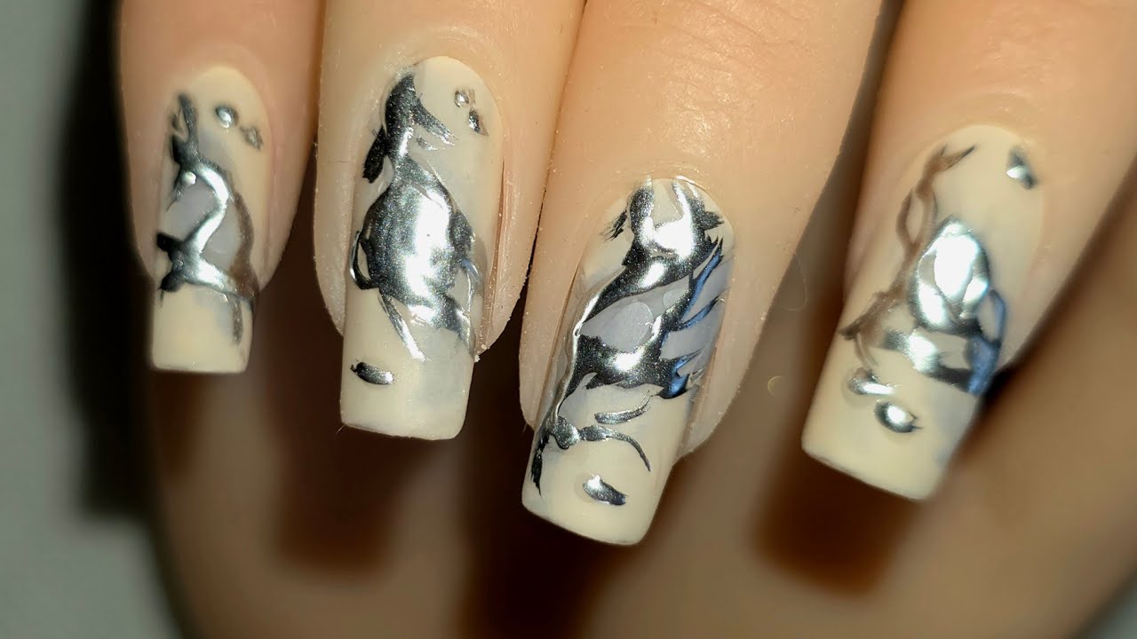 Elegant Nude Nails with Silver Abstract Art ✨ Modern Luxury Manicure