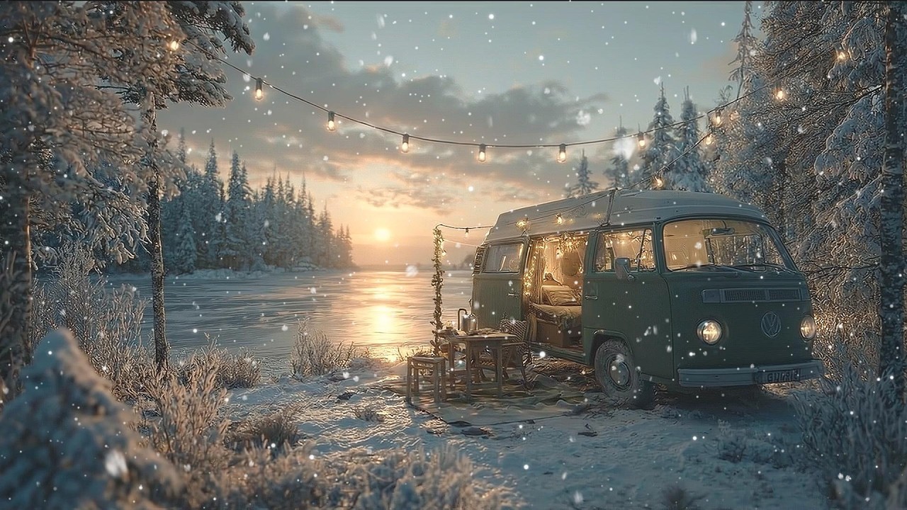 Cozy VW Camper in Snow | 3 Hours | Winter Lakeside Ambiance for Sleep & Relaxation