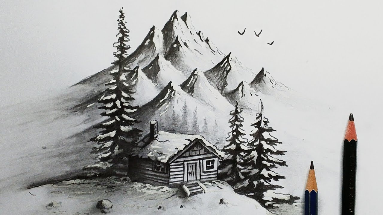 winter landscape | how to draw scenery with pencil step by step