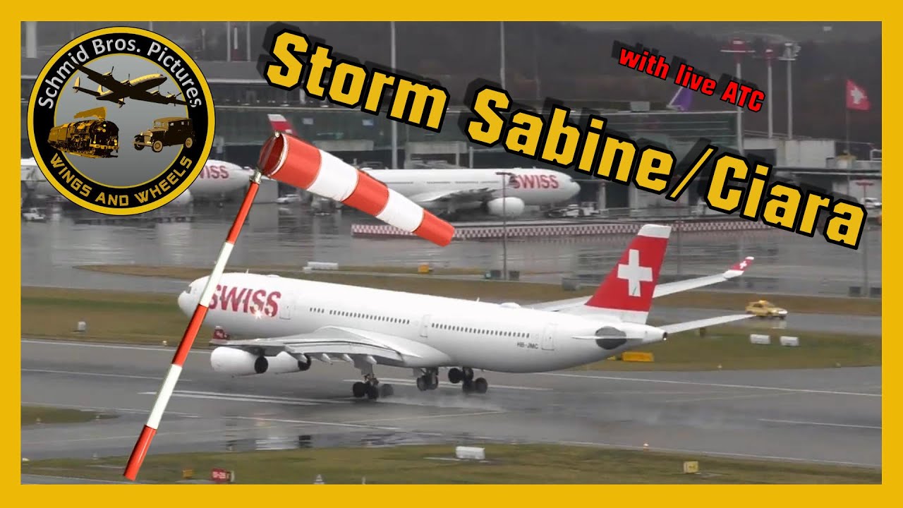 Storm Sabine/Ciara over ZRH (with live ATC/go arounds, heavy winds, clouds, rain showers and sun)
