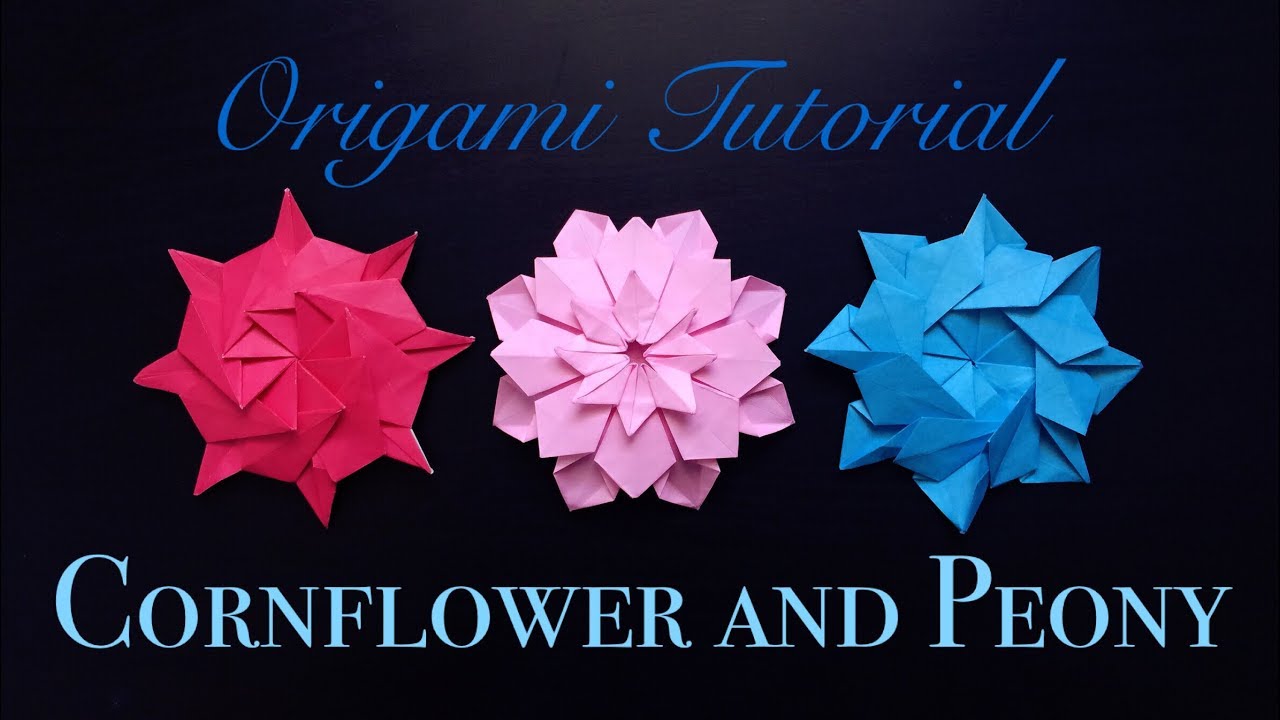Origami Tutorial: Cornflower and Peony (Tomoko Fuse)｜【折纸教程】可以当作书签的两款平面花折纸：矢车菊和牡丹（布施知子）