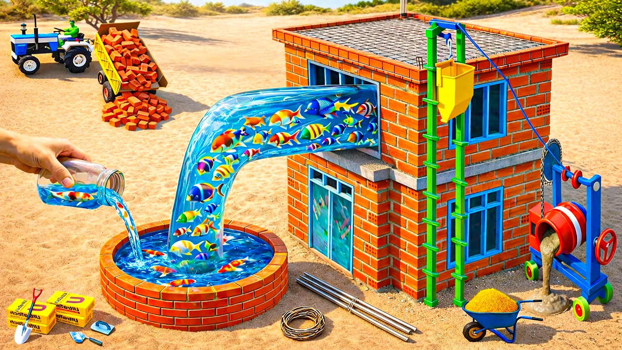 DIY Construction Science Project - Building a Modern 2-Story Fish House and Water Well with Brick