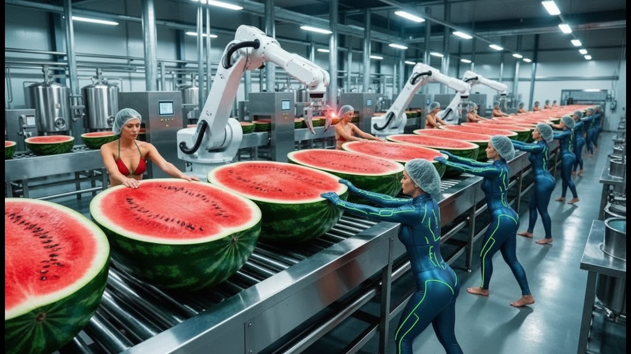 Inside a Modern Watermelon Processing Plant – From Whole Melons to Sweet Red Juice (Full Process) 🍉