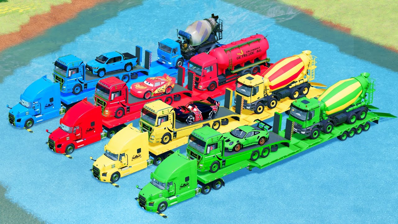 MULTIPLE RAINBOW FLATBED TRUCK IN ACTION : Load Heavy Vehicle | FS22 MAN SCANIA MERCEDEZ MACK