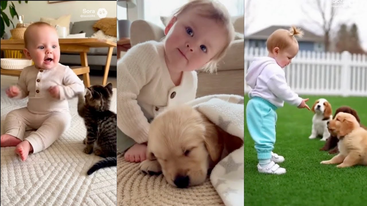 Heartwarming Moments: Baby Growing Up with Kitten and Puppy👶🐈🐕