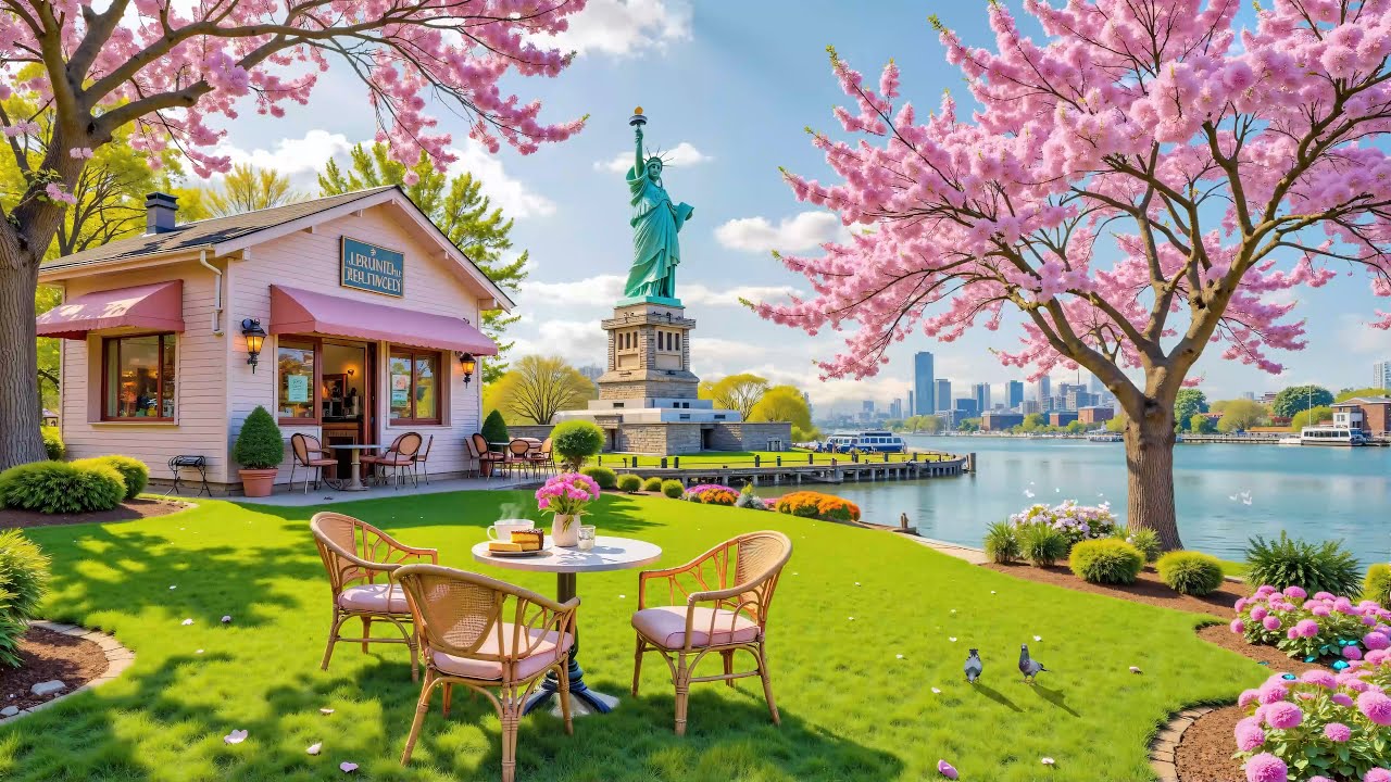 Peaceful Spring Morning at Pier Café, New York 🗽 Coffee Shop Ambience for Focus
