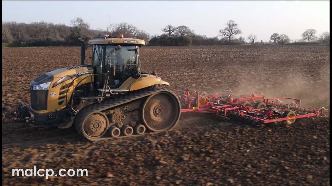 CAT Challenger MT 765E tracked tractor & Väderstad NZ Aggressive 600 seedbed tine harrow in Blaxhall