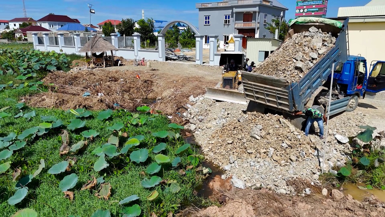 New Project Land Filling Lake!! Bulldozer KOMASTU  Push Stone and Dump Truck Unloading Stone
