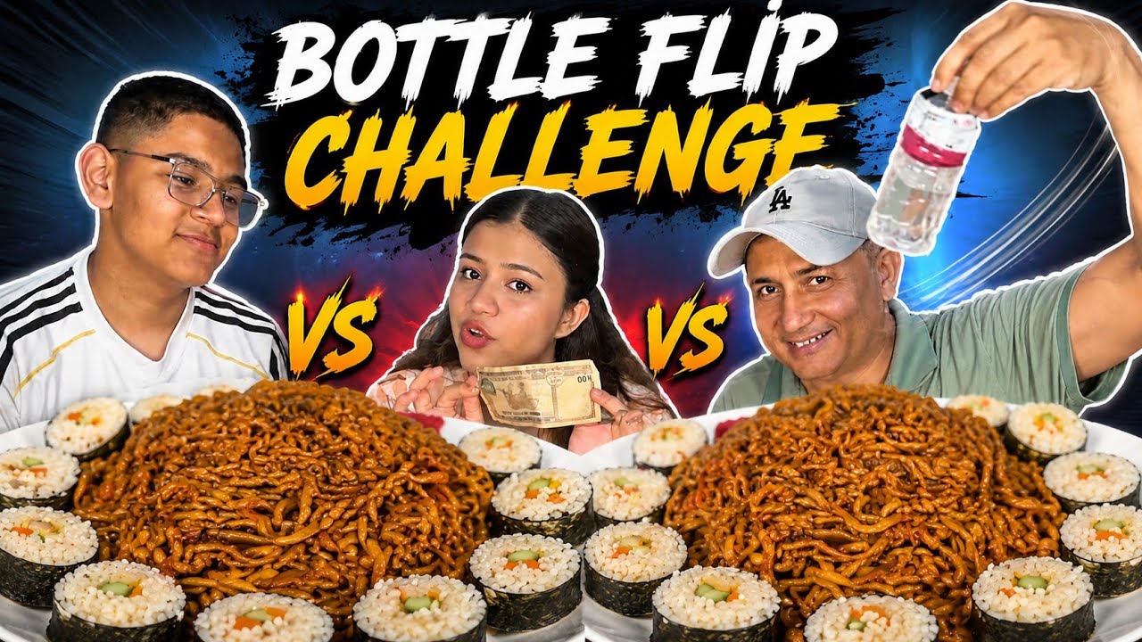 BOTTLE FLIP CHALLENGE WITH BLACKBEAN NOODLES & KIMBAB @BudaBudiVlogs @MeroNepaliKitchen 