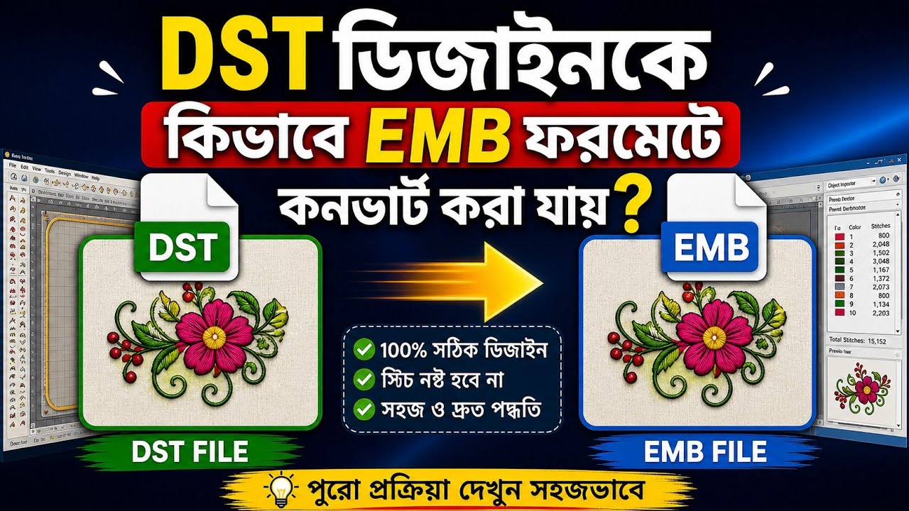 DST থেকে EMB ফাইল তৈরি করার সহজ উপায়! Wilcom Embroidery Studio || EDTB