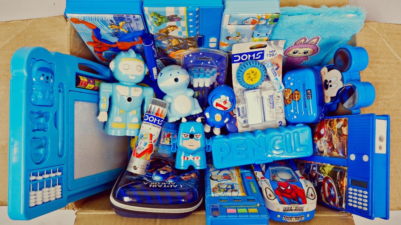 Showing blue stationery items - pencil case, dino pencil sharpner, press pen eraser, piggybank, pens