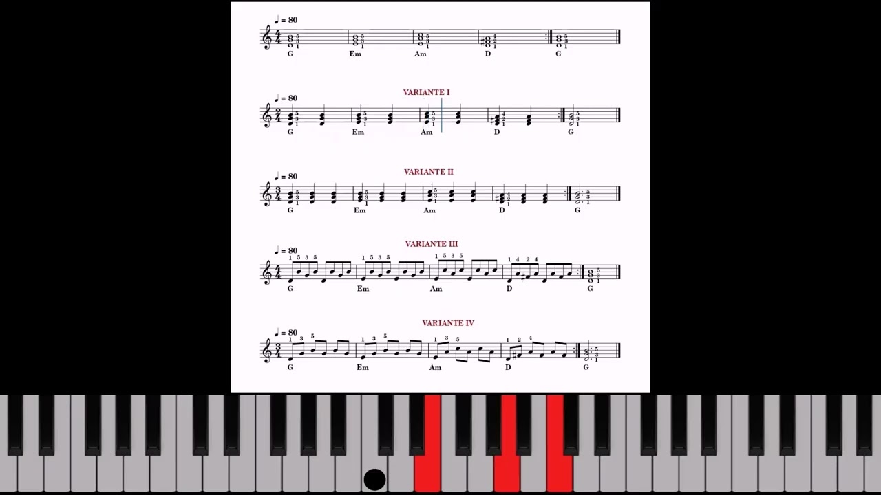 Ejercicio 77A. Acordes G (Mayor), Em (Menor), Am (Menor), D (Mayor). Clave de Sol. Mano Derecha
