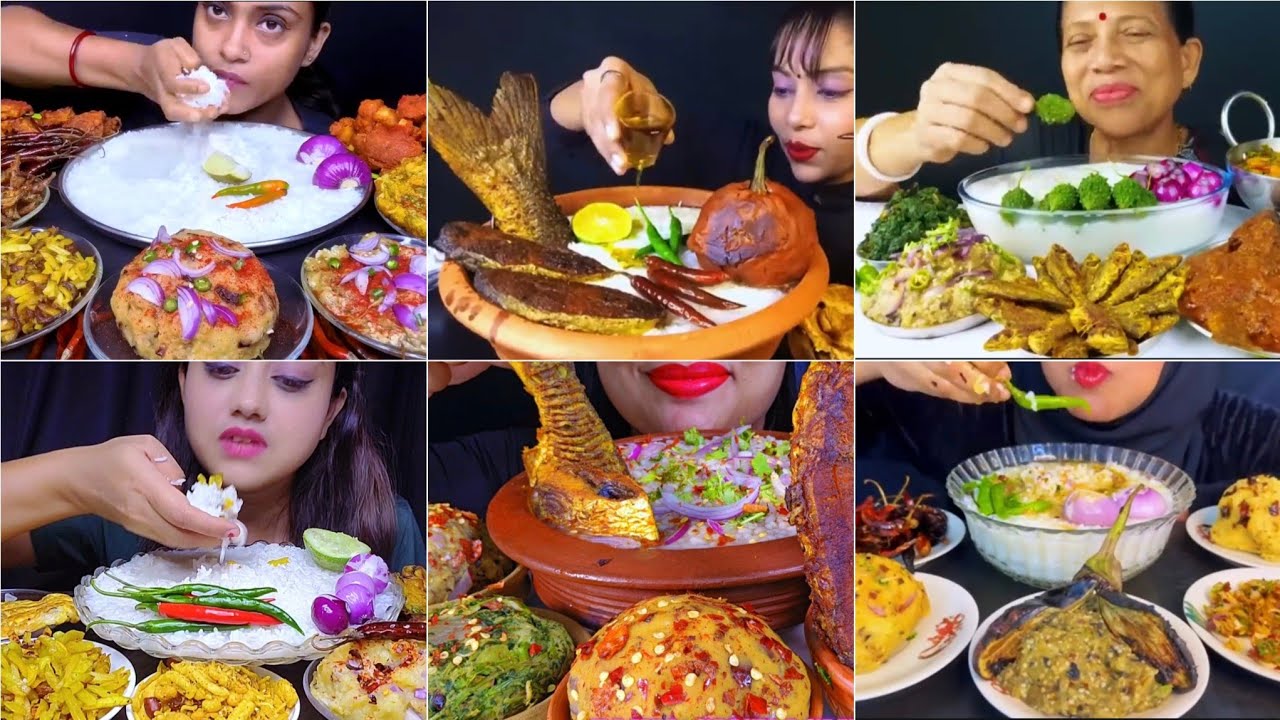 Asmr Eating 😋Panta Bhat (পান্তা ভাত)Aloo Bhaja Ilish Fish Fry (Aloo Begun Saag )Bharta Peyaj Lanka🌶🔥
