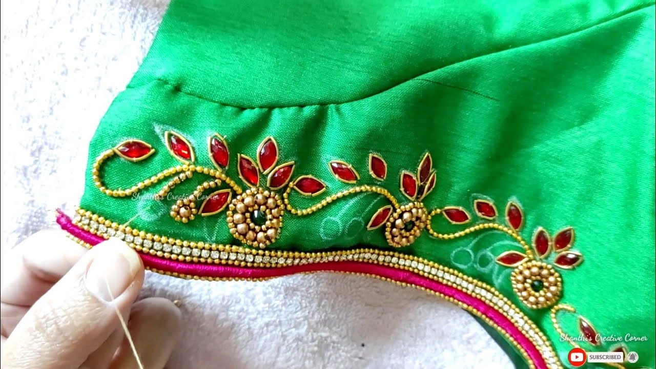 Most Beautiful & Easy Aari Work On Green stitched blouse Using Normal Needle | Maggam Work Blouse