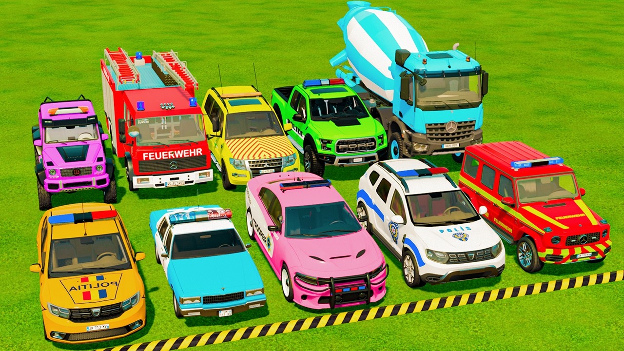 TRANSPORTING POLICE CARS, AMBULANCE, FIRE TRUCKS & COLORFUL CARS | FARMING SIMULATOR 22