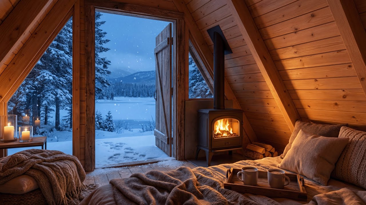 Cozy Winter Cabin Ambience 🔥❄️ | 1 Hour Fireplace, Soft Snow & Folk Acoustic