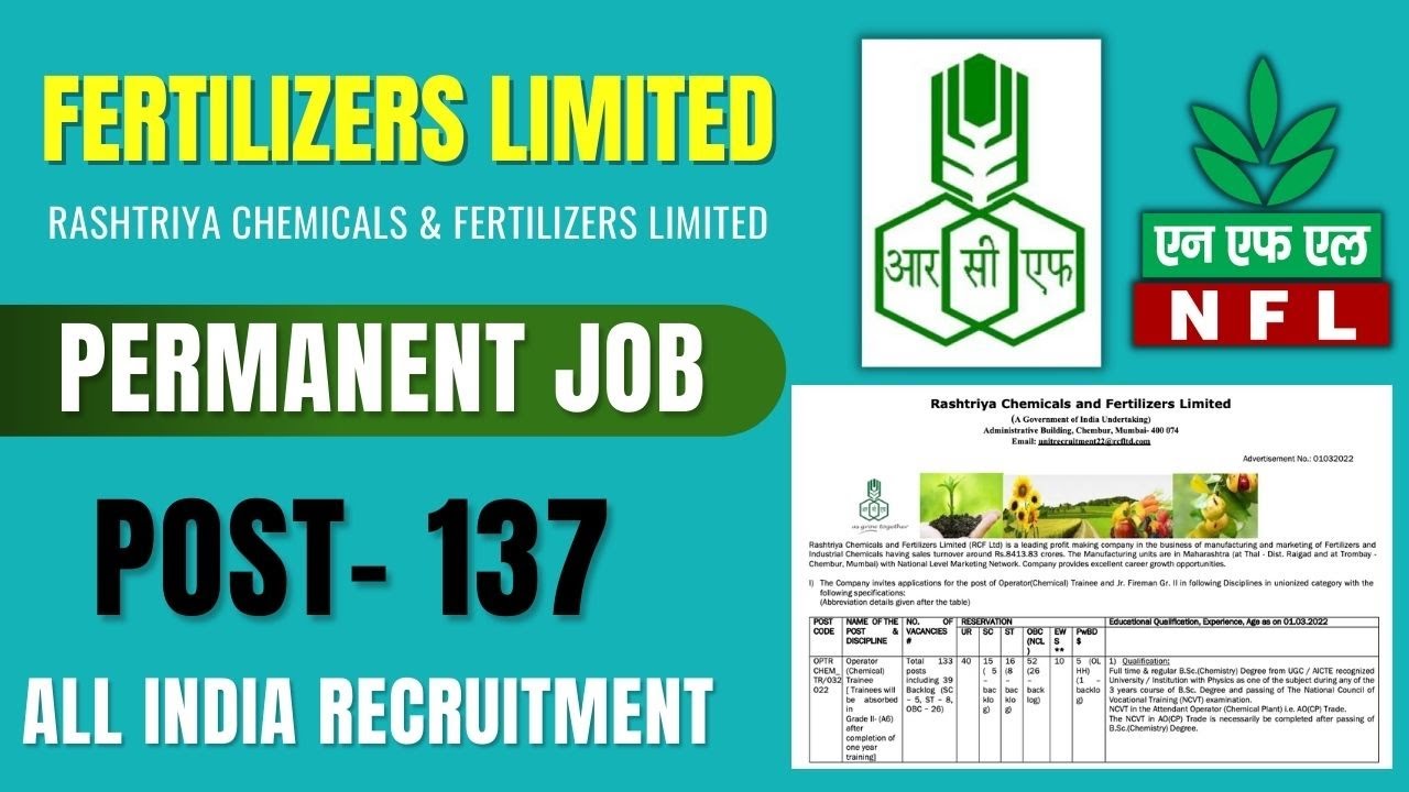 National Fertilizers (RCFL) Recruitment 2022 || Permanent Job