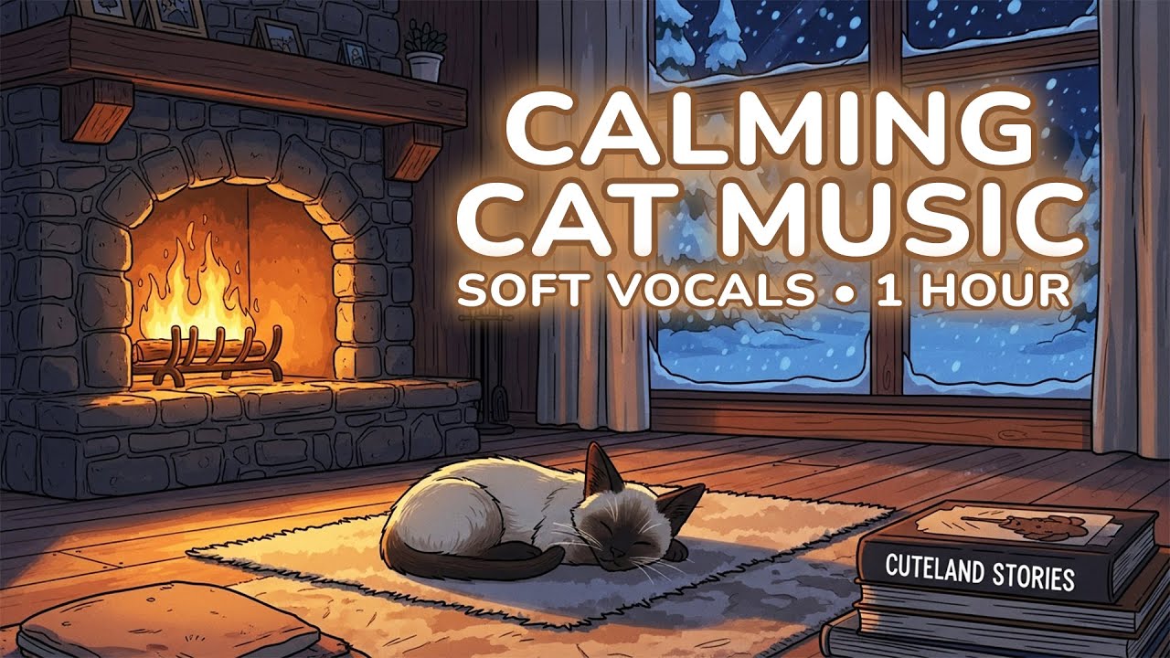 Calming Music for Cats (Soft Vocals) | 1 Hour Sleepy Kitten by the Fireplace 🐱🔥