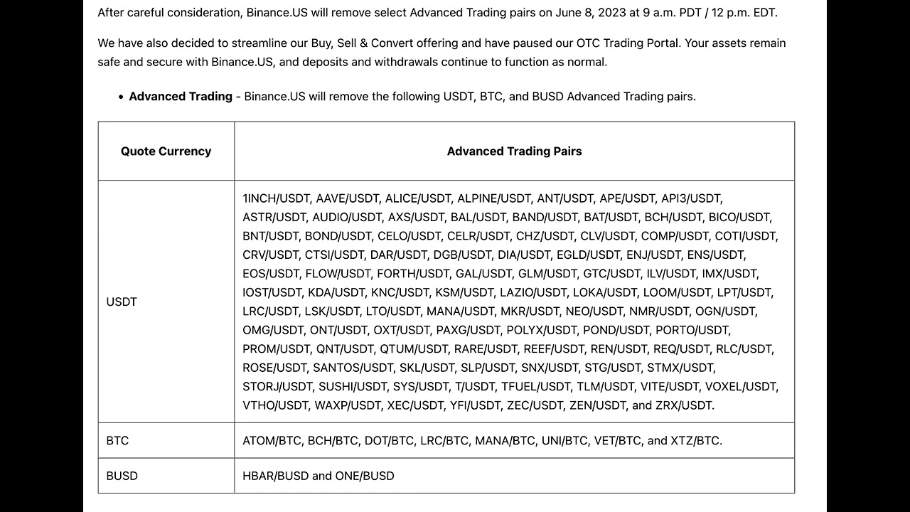 Binance US will delist around 100 trading pairs and has paused OTC trading #binance