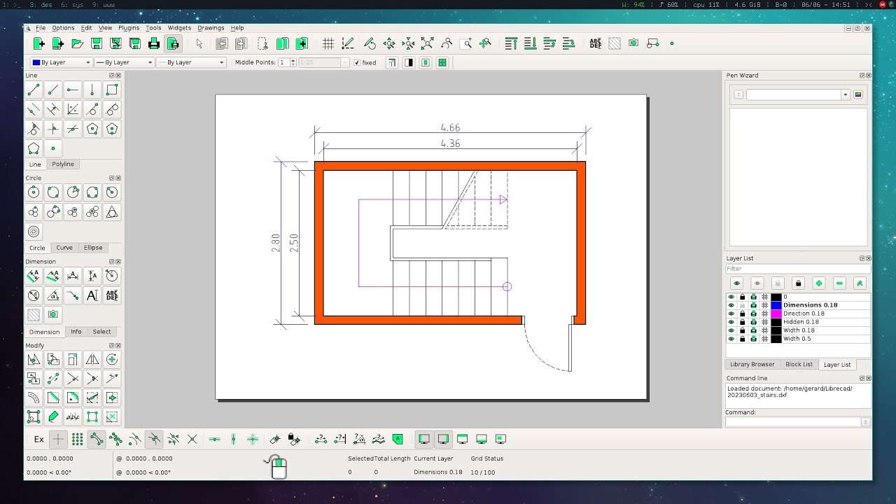 LibreCAD: adding dimensions to 2D stairs
