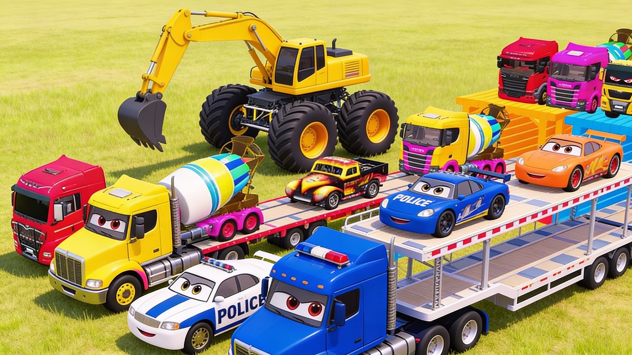 Triple Flatbed Trailer McQueen Transportation with Truck - Speedbumps vs Cars vs Train - BeamNG #