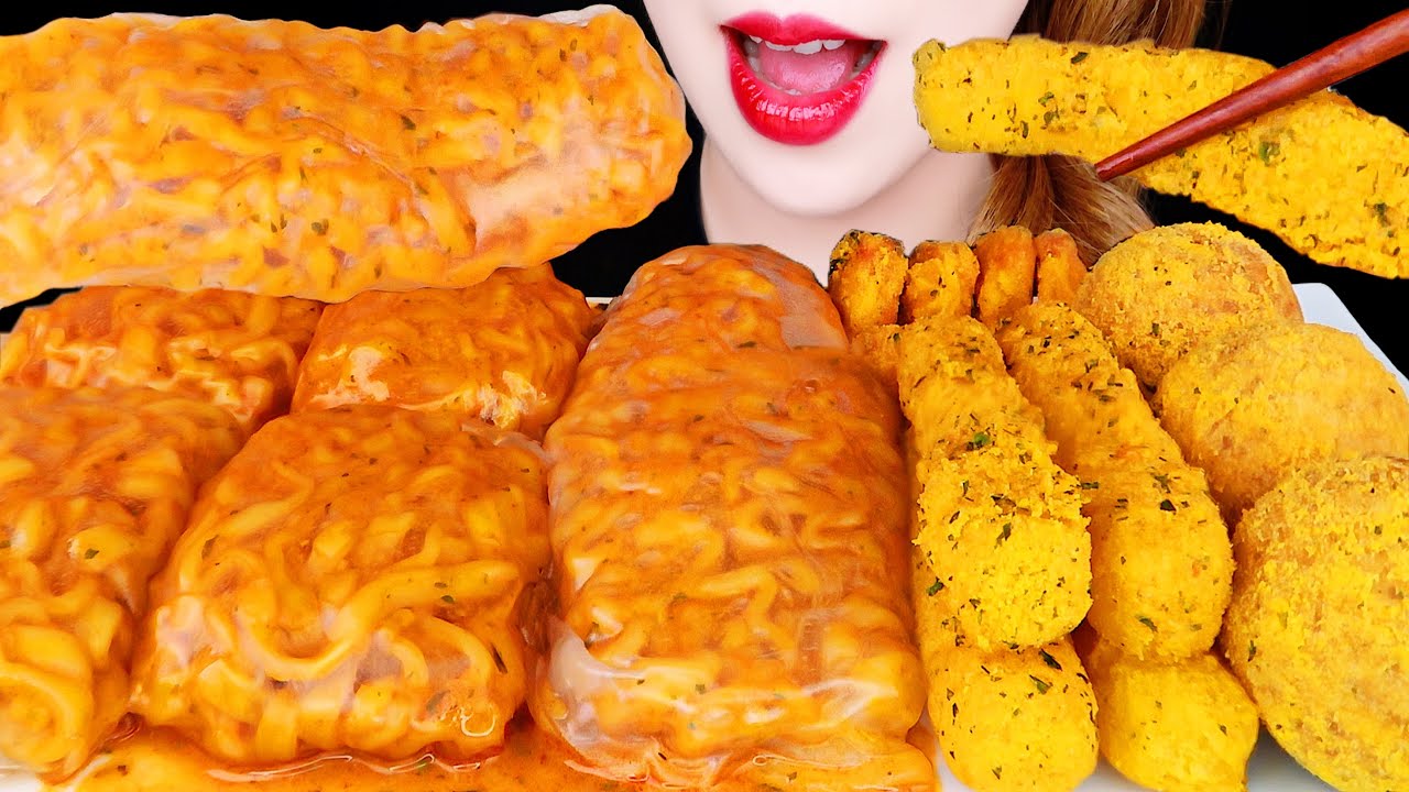 ASMR LONG CARBO FIRE NOODLES WRAP, CHEESE BALL, FRIED CHICKEN COOKING RECIPE EATING SOUNDS MUKBANG