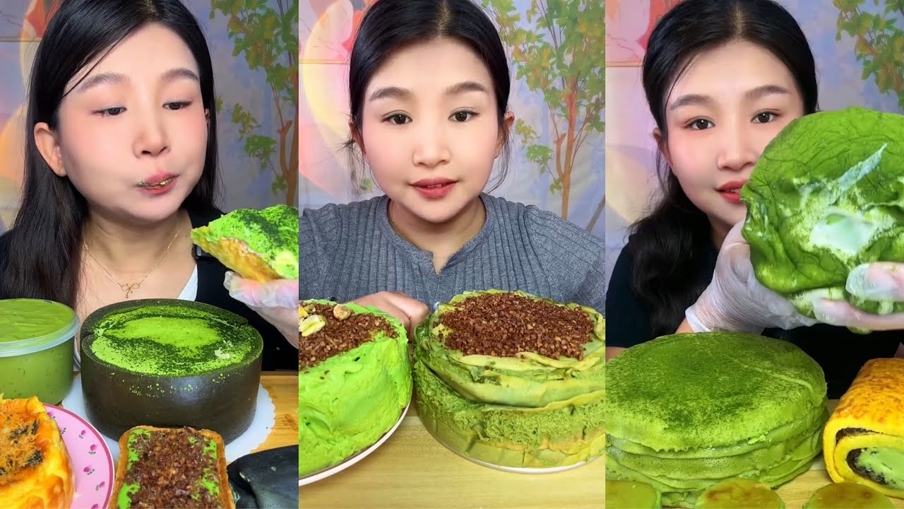 asmr mukbang - assorted matcha flavour dessert eating