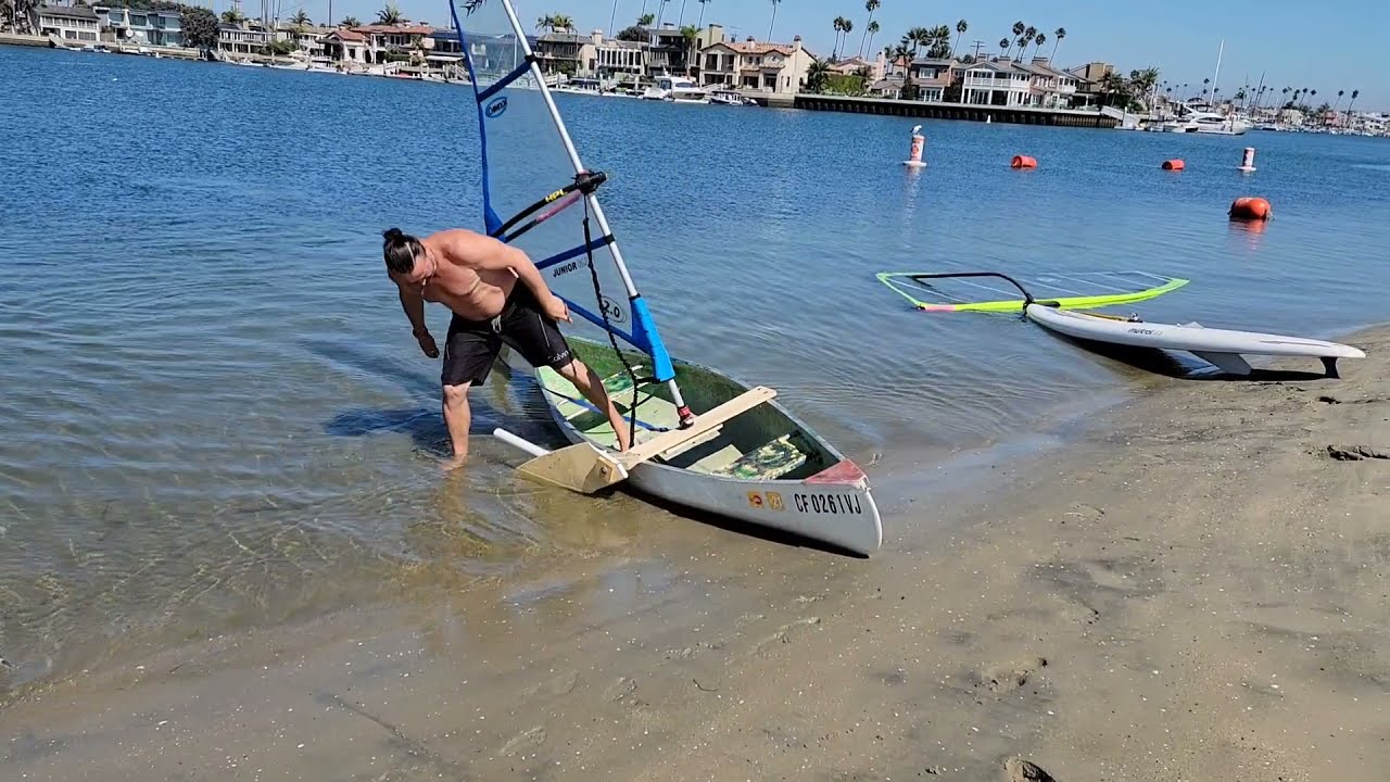 Testing canoe + windsurf sail WITHOUT outrigger