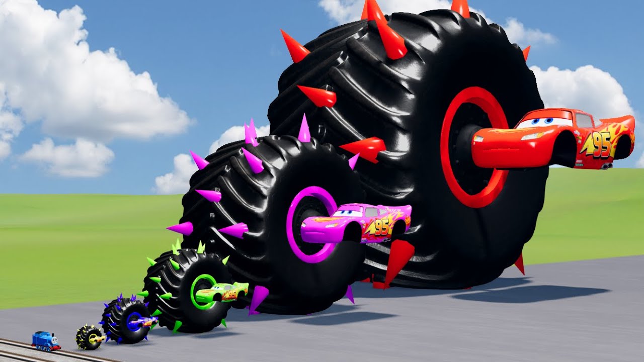 Big & Small Color McQueen One Wheel Spiked VS Train | BeamNG.drive