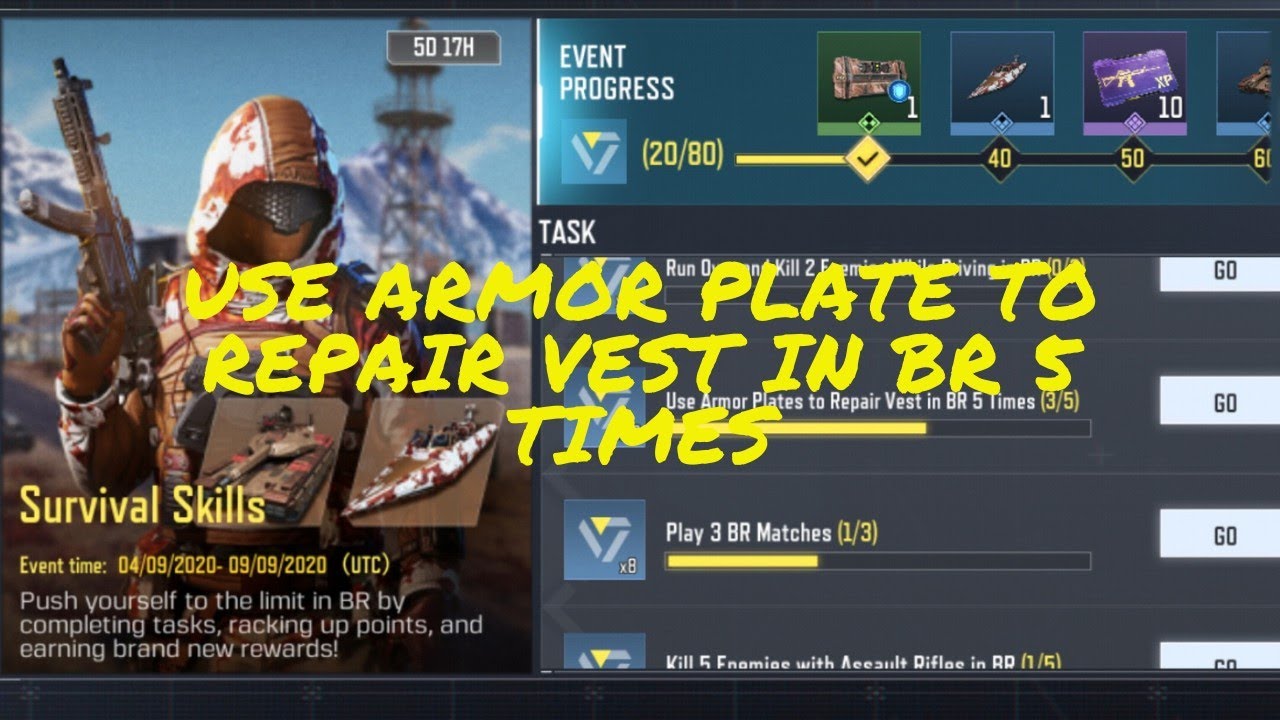 HOW TO USE ARMOR PLATES TO REPAIR VEST IN BR 5 TIMES SURVIVAL SKILLS CALL OF DUTY MOBILE COD MOBILE