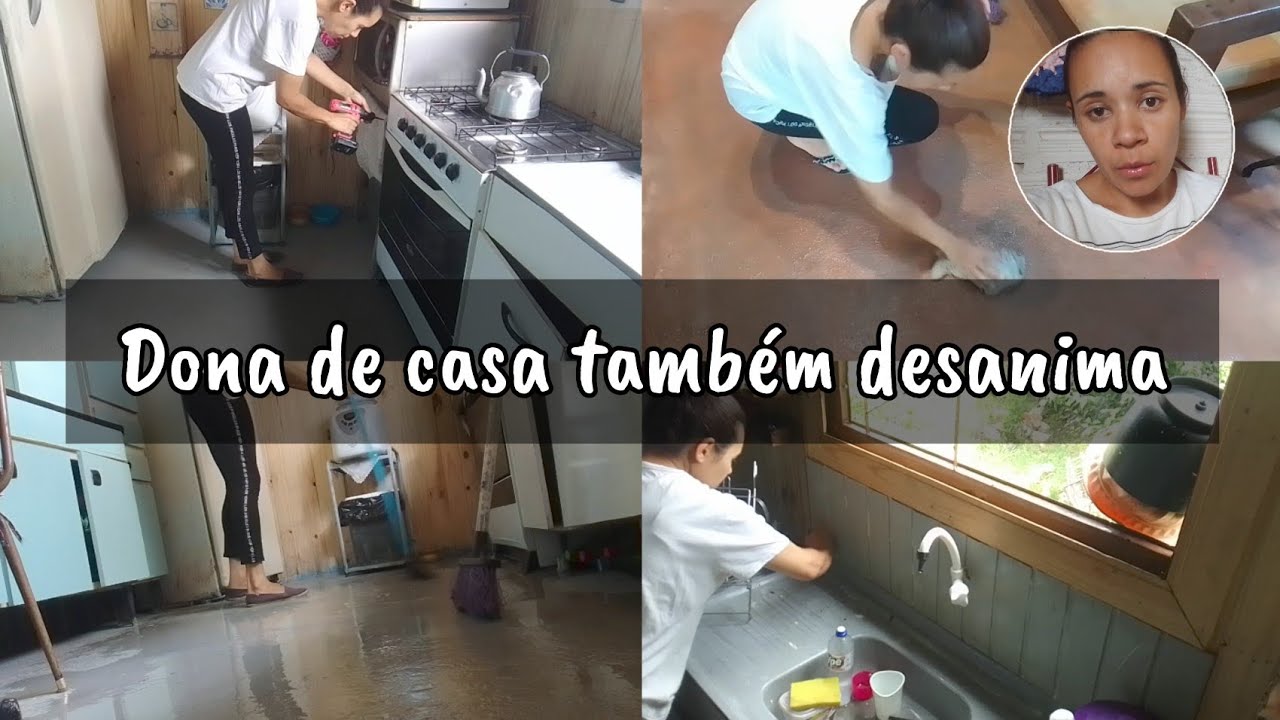 Venci o cansaço e o desanimo e fui limpar a casa/Lavei o chão de cimento