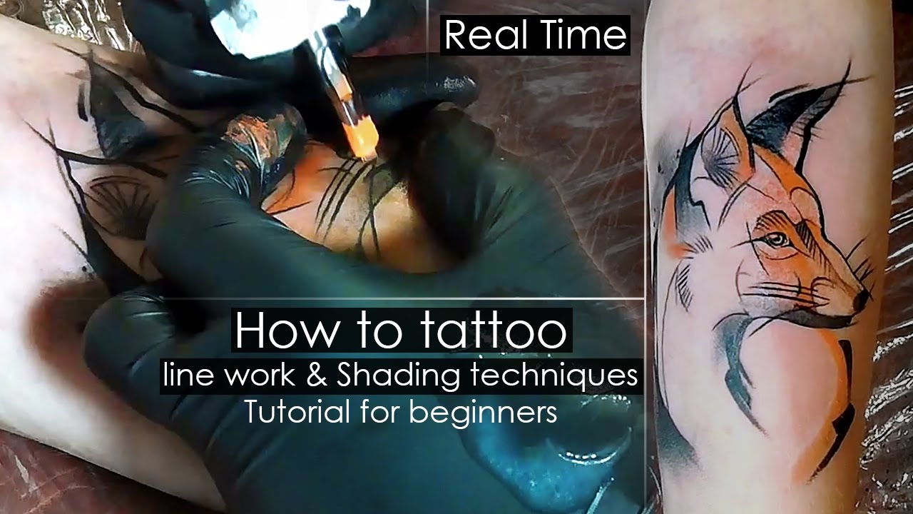 How to tattoo - line work & Shading techniques - Tutorial for beginners [Real Time] Сolor fill in