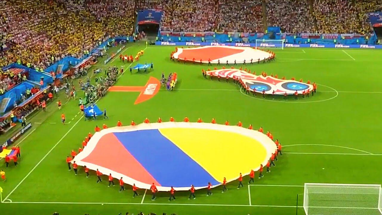 Stadium sings the national anthem of Colombia. FIFA World Cup Russia 2018