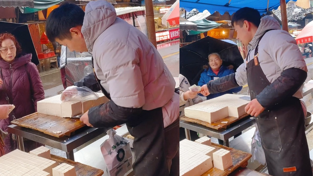 The stall sells tofu, which is freshly made and sold on February 14st.
