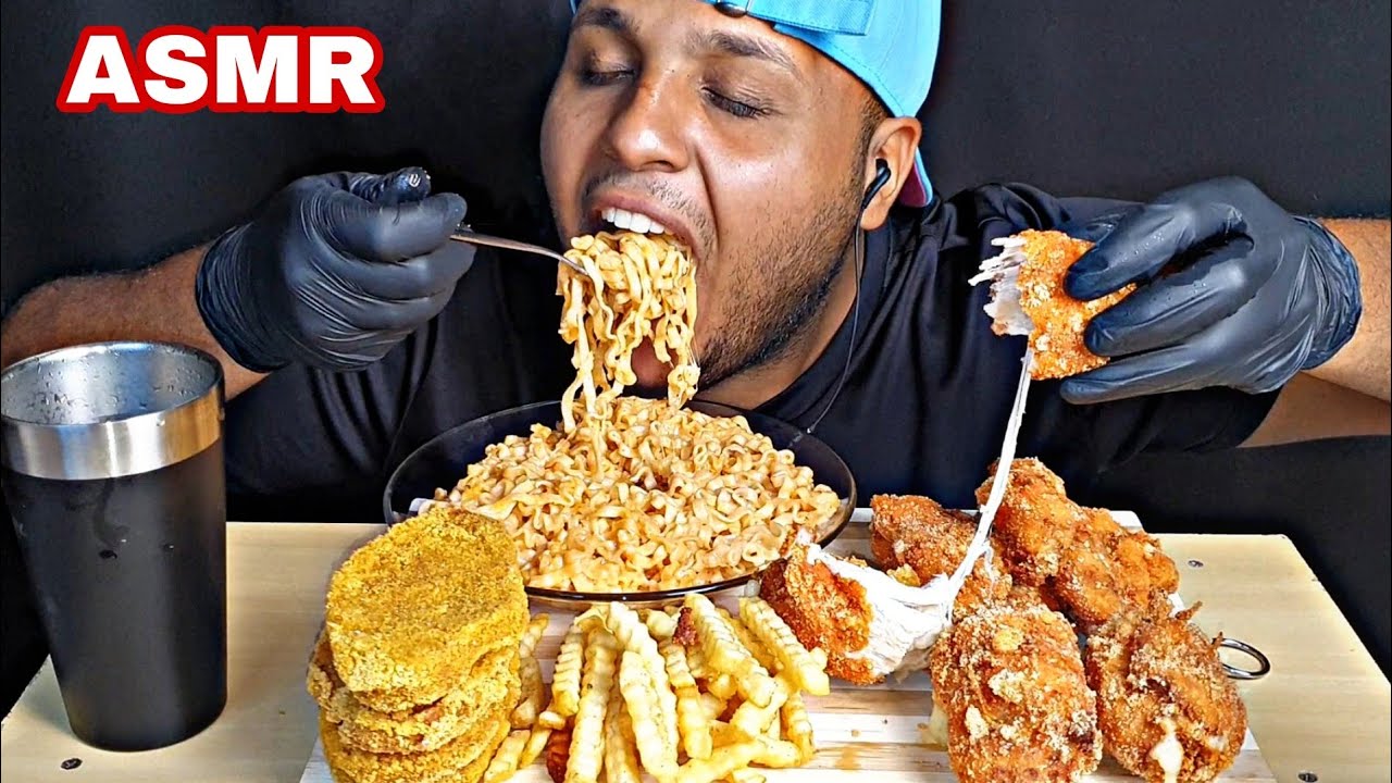 ASMR COMIDA FRANGO FRITO, MACARRÃO COM QUEIJO, STEAK E BATATA FRITA (MUKBANG) SONS DE MASTIGAÇÃO
