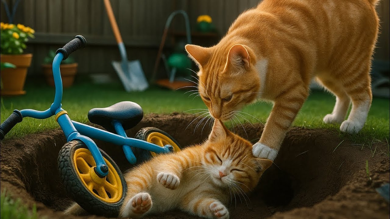 Kitten Falls Into Hole While Riding Bike &ndash; Mama Cat to the Rescue!